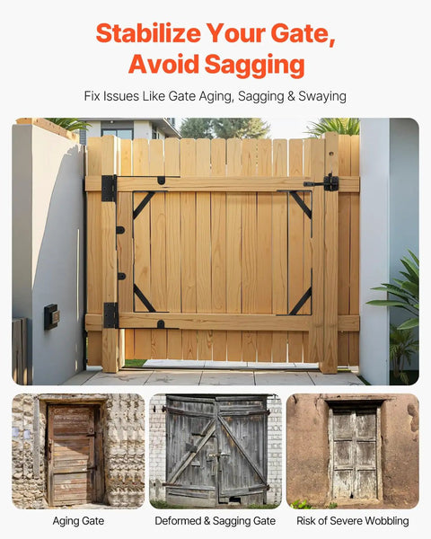 Anti Sag Gate Corner Brace Bracket Kit With Latch Lock For Shed Doors, Corral And Driveway Gates, shown on wooden gate