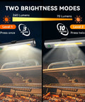 Image showing two brightness modes of Magnetic LED Grill Light For Outdoor Grills Tool Free Mount On Blackstone And Weber Griddles Ultra Bright BBQ Light With Magnetic Base Ideal Gift For Men Women Dad Mom For Late Night Grilling, highlighting 260 and 70 lumens levels over a grill surface.