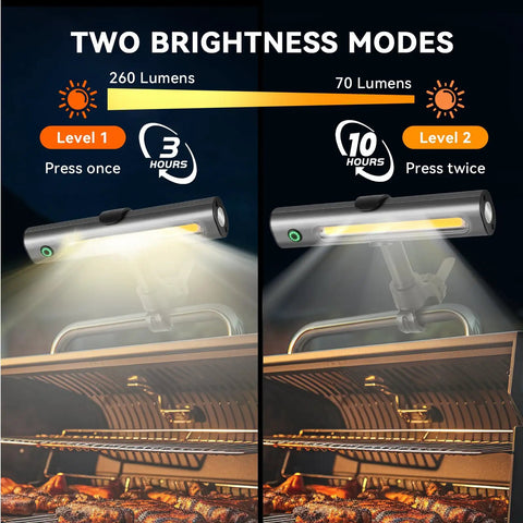 Image showing two brightness modes of Magnetic LED Grill Light For Outdoor Grills Tool Free Mount On Blackstone And Weber Griddles Ultra Bright BBQ Light With Magnetic Base Ideal Gift For Men Women Dad Mom For Late Night Grilling, highlighting 260 and 70 lumens levels over a grill surface.