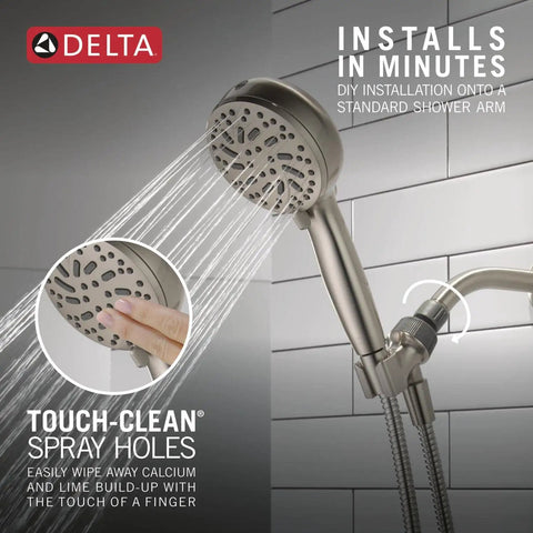 ProClean Handheld Shower Head With High Pressure Spray 6 Settings Brushed Nickel SpotShield Finish in use, highlighting spray holes