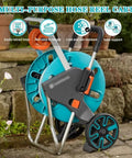 Mobile Garden Hose Reel With Smooth Rolling Wheels And Foldable Handle Heavy Duty Water Hose Cart For Backyard Irrigation Includes Forty Meter Pipe, blue reel with sturdy frame.