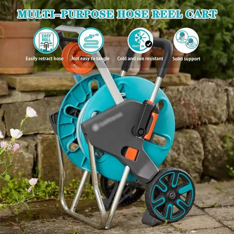 Mobile Garden Hose Reel With Smooth Rolling Wheels And Foldable Handle Heavy Duty Water Hose Cart For Backyard Irrigation Includes Forty Meter Pipe, blue reel with sturdy frame.