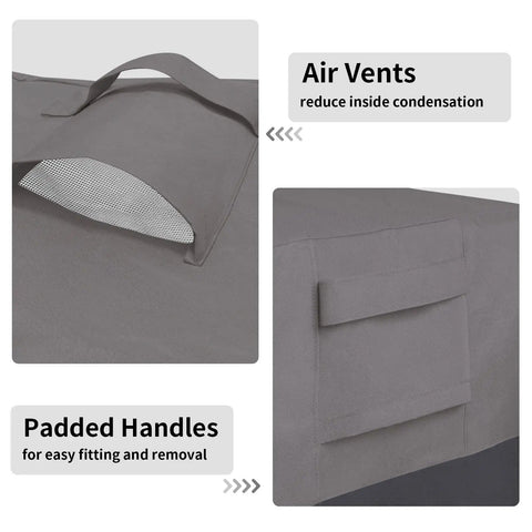 Close-up of gray Heavy Duty Outdoor Patio Ottoman Cover With Waterproof Fabric, showing air vents and padded handles