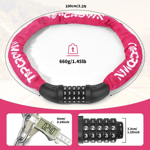 Heavy Duty Bike Chain Lock Three Point Two Foot Long With Five Digit Resettable Combination Keyless Lock For Bike Electric Scooter Ebike And Motorcycle Rose Color