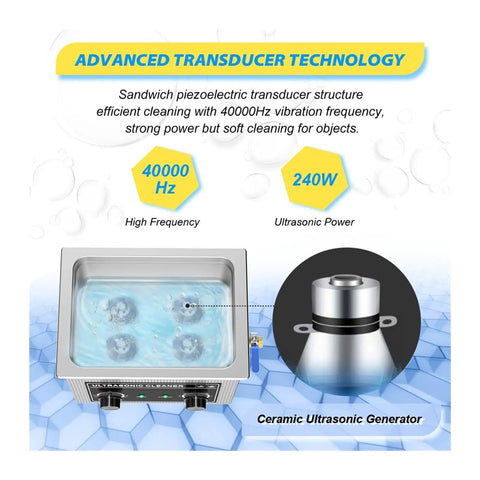 Top Shelf Ultrasonic Cleaner 30L Tank With Degas Tech Adjustable Heat Control showing advanced transducer technology and ceramic generator.