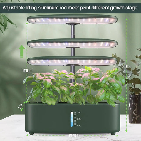 Indoor Hydroponics Garden Kit With 12 Pods LED Grow Light Auto Timer Adjustable Height Up To 17 Inches with lush herbs