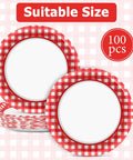 100 Count 7 Inch Red And White Checkered Paper Plates For Parties arranged on a pink checkered background, showing the plate design.