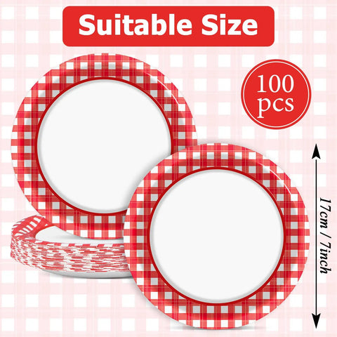 100 Count 7 Inch Red And White Checkered Paper Plates For Parties arranged on a pink checkered background, showing the plate design.
