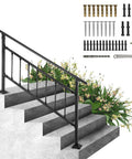 Rock Solid Wrought Iron Outdoor Stair Railing With Adjustable Frame For Zero To Five Steps Sleek Matte Black Finish and installation kit laid on concrete steps.