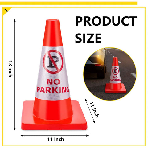 Six Pack 18 Inch No Parking Reflective Traffic Cones With 360 Reflective Collars, PVC Orange Safety Cones For Parking Lots, Driveways, Roadside Worksites, High Visibility, Durable Outdoor Use