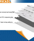 Cross-section of Peel And Stick Stone And Metal Tile Backsplash For Kitchen Bathroom And Fireplace 10 Sheets In Bright Carla White No Grout Needed Easy Diy Renovation With Real Look, showing stone texture, metal foil, PVC plate, and adhesive layers.