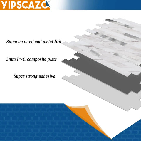 Cross-section of Peel And Stick Stone And Metal Tile Backsplash For Kitchen Bathroom And Fireplace 10 Sheets In Bright Carla White No Grout Needed Easy Diy Renovation With Real Look, showing stone texture, metal foil, PVC plate, and adhesive layers.