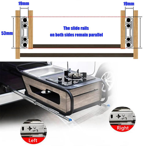 Heavy Duty Full Extension Drawer Slides With Locking Mechanism, Detachable For Easy Removal, shown in RV kitchen setup