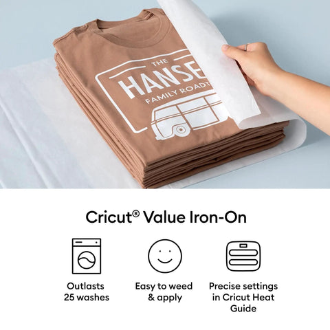 Person peeling Value Iron On Heat Transfer Vinyl White 12 Inch By 5 Foot Roll from T-shirt, showing easy weeding.