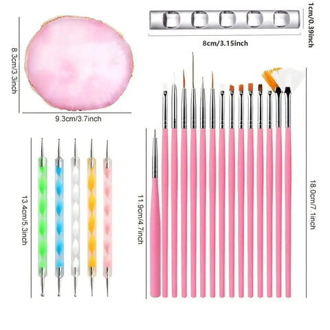 22 Piece Nail Art Tools Set With Gold Edge Resin Palette And 2 Way Acrylic Silicone Engraving Pen And Dotting Pen Kit, brushes and pens