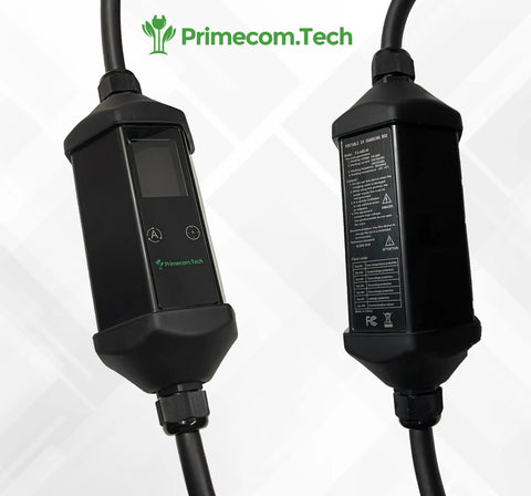 Dual Rate 32A And 40A Level 2 EV Charger For Home Use, 240V NEMA 14-50, close-up of control panel and specs label
