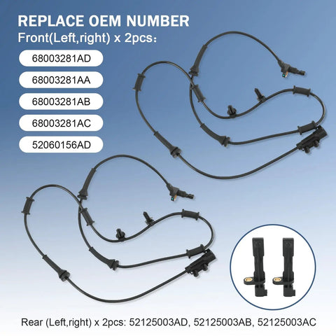 Heavy Duty Front And Rear Abs Wheel Speed Sensors For Jeep Wrangler Three Liter Engines 2007 Through 2017, showing wire connections.