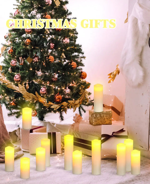 Flameless LED Pillar Candles Set Of 12 Battery Operated With Remote And Timer Real Wax under Christmas tree near presents