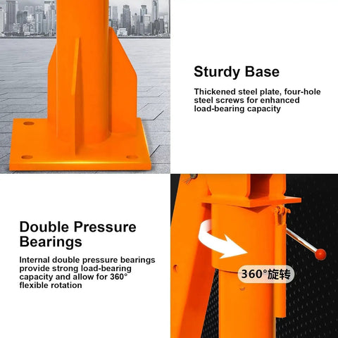 Heavy Duty Electric Pickup Truck Crane With 3500 Lbs Winch And 12V Galvanized Steel Jib Hoist showing sturdy base with double pressure bearings.