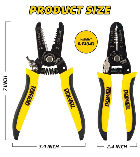 Front view of 10-22 AWG Wire Stripper Cutter and Multi-Function Hand Tool with professional handle, showing product dimensions and weight.