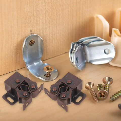 Double Ball Catch Cabinet Door Latches Set With Heavy Duty Iron Hardware and screws on a wooden surface