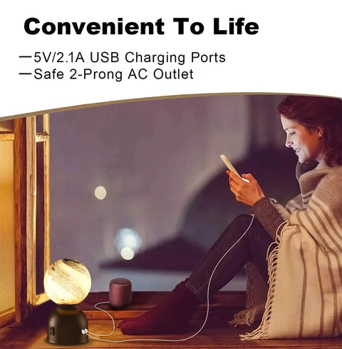 Woman using phone near Small Touch Bedside Table Lamp With USB Port And Outlet, farmhouse glass globe, on window ledge.