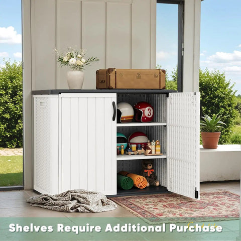 All Weather Resin Outdoor Storage Cabinet Set, 26 Cu Ft Waterproof Shed For Patio Tools, white, two-piece with open doors showing shelves