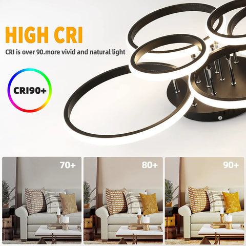 Close-up of Dimmable 99W Modern LED Ceiling Light With Remote Control Six Ring Circle Design For A Dope Modern Look, high CRI.