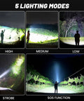 Beast Bright 99000 Lumens LED Flashlight Rechargeable With USB Cable Five Modes Waterproof Power Torch showcasing lighting modes.