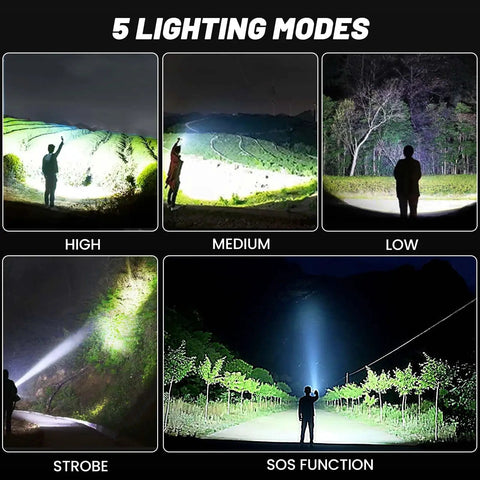 Beast Bright 99000 Lumens LED Flashlight Rechargeable With USB Cable Five Modes Waterproof Power Torch showcasing lighting modes.