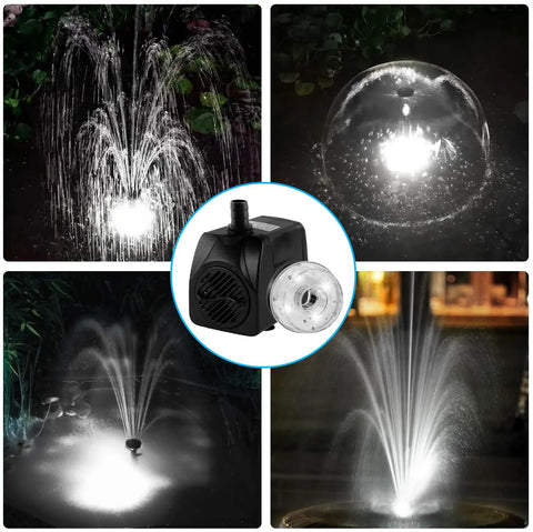 Submersible Pond Fountain Pump With Lit LED Lights, 15W 800 Liters Per Hour Flow, Ultra Quiet Water Pump in action with nozzle
