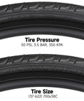 Close-up of All In One Bike Tire And Inner Tube Kit Includes 2 Tires 700x38c And 2 Tubes 700x35/43c, showing tire pressure and size details.