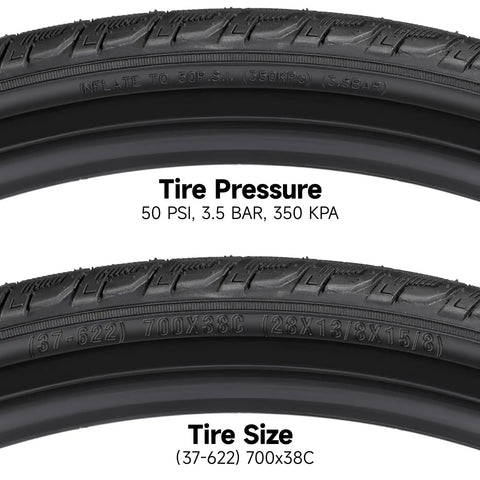 Close-up of All In One Bike Tire And Inner Tube Kit Includes 2 Tires 700x38c And 2 Tubes 700x35/43c, showing tire pressure and size details.
