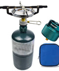 Backpacking Stove 10,000 BTU Portable Isobutane Camp Stove With Gas Adapter And Carrying Case For Hiking Camping And Emergency Outdoor Cooking Kit Ready To Go, shown with adapter and carrying case