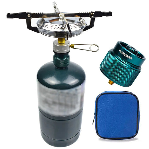 Backpacking Stove 10,000 BTU Portable Isobutane Camp Stove With Gas Adapter And Carrying Case For Hiking Camping And Emergency Outdoor Cooking Kit Ready To Go, shown with adapter and carrying case