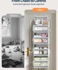 Five Tier Over The Door Organizer with Clear PVC Windows in use on door for stuffed animals and storage, grey