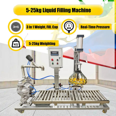 Efficient Heavy Duty Semi Automatic Liquid Filling Machine For Paint And Water With Digital Scale Weighing Hassle Free Cap Sealer 3 In 1 Plug And Play 110V Bucket System with 5-25kg capacity and weighing display.