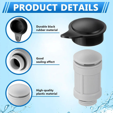 Air Jet Valve And Cap Replacement Kit For Above Ground Pools showing durable black rubber and white plastic materials