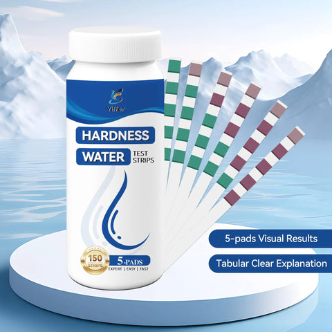Hard Water Test Kit With Five Test Pads And One Hundred Fifty Strips Delivers Dead Simple 30 Second Readouts From Very Soft To Very Hard Water 0 To 425 PPM So You Get Real No Guesswork Results At Home, bottle with 5-pads visual strips