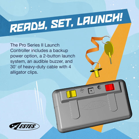 Pro Series II Rocket Launch Controller with keys and buttons, supports single engine and cluster flights for ages 10 and up.