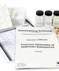 Hands On Forensic Chemistry Lab Kit For Unknown Substances Analysis with teacher manual and student guides displayed