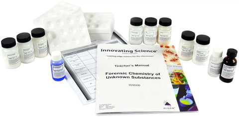 Hands On Forensic Chemistry Lab Kit For Unknown Substances Analysis with teacher manual and student guides displayed