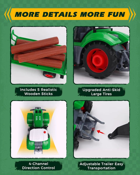 One Twenty Fourth Scale RC Farm Truck With Detachable Trailer And Wood Logs Realistic Lights for Kids Aged 6 to 12
