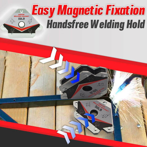Pro Grade 22-Piece MIG Welding Tools Kit with 50Lb Welding Magnet, arrow design for metal alignment, on wooden background