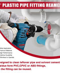 Man using 8 Piece PVC Pipe Reamer Set For DIY Pros And Home Projects Includes PPR75 Through PPR400 Sizes Fits Standard One-Half-Inch Drills