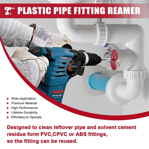 Man using 8 Piece PVC Pipe Reamer Set For DIY Pros And Home Projects Includes PPR75 Through PPR400 Sizes Fits Standard One-Half-Inch Drills