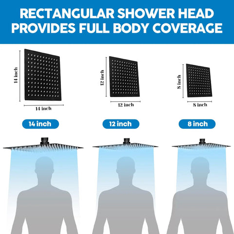 8 Inch Square Rain Shower Head With Handheld Spray Combo And Adjustable Extension Arm Three Way Flow Regulator High Pressure Hose Matte Black Shower System For Home Spa Vibe size comparison with 14 and 12 inch showers.