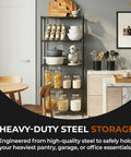 Rock Solid Steel Wire Shelving Unit Five Tier Storage Rack Built Tough With Self Leveling Feet NSF Certified Food Safe For Kitchens Garages And Commercial Shops Black One Fourteen X Two Forty X Fifty Nine Inches, showcasing pantry and kitchen organization.