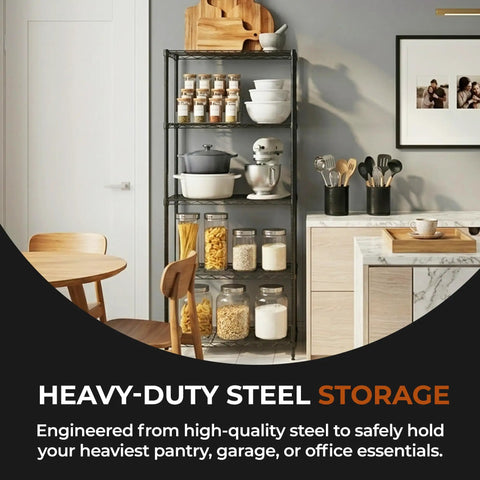 Rock Solid Steel Wire Shelving Unit Five Tier Storage Rack Built Tough With Self Leveling Feet NSF Certified Food Safe For Kitchens Garages And Commercial Shops Black One Fourteen X Two Forty X Fifty Nine Inches, showcasing pantry and kitchen organization.