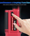 Pro Grade Built Tough Cordless Hydraulic Cable Lug Crimper Six Ton Electric Terminal Pliers showing pressure release button and grip.